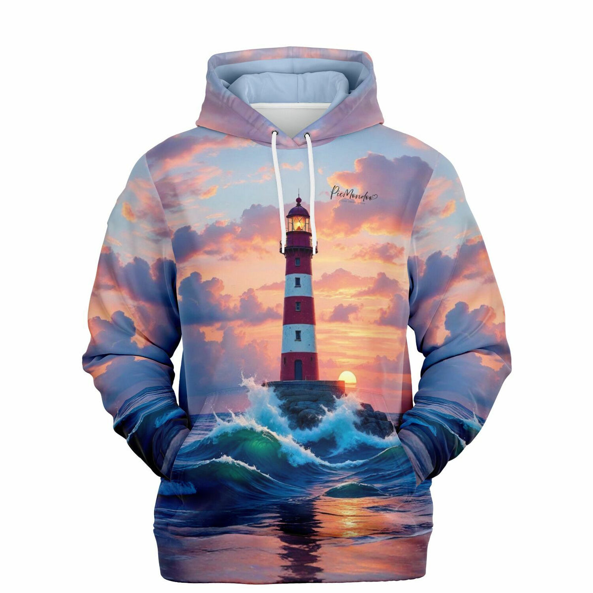 Dreamer Hoodie mit Leuchtturm Motiv im Sonnenuntergang, passend zu den Designs von Diamond Painting und Malen nach Zahlen