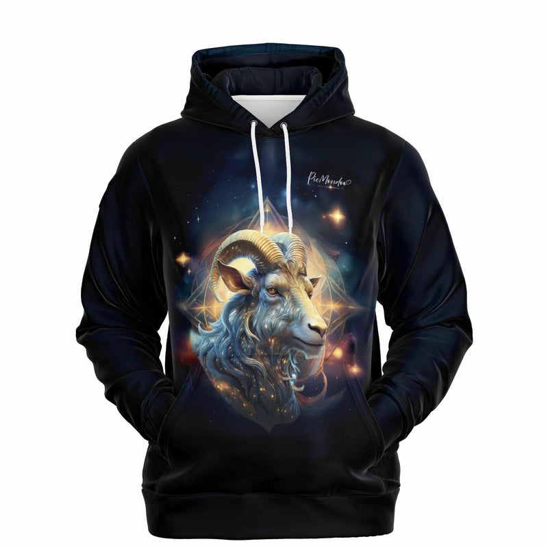 Schwarzer Picmondoo Dreamer Hoodie mit Steinbock Sternzeichen Motiv und magischem Galaxy-Design für kreative Fans