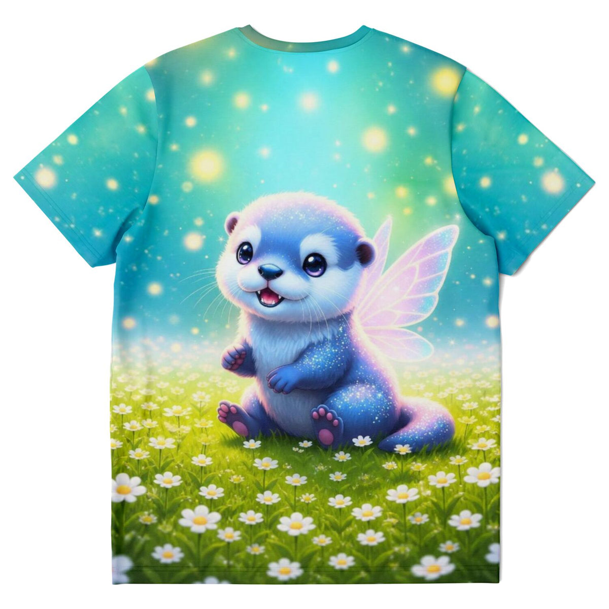 T-Shirt mit süßem Feenotter Mira Motiv auf Blumenwiese, inspiriert von magischen Diamond Painting und Malen nach Zahlen