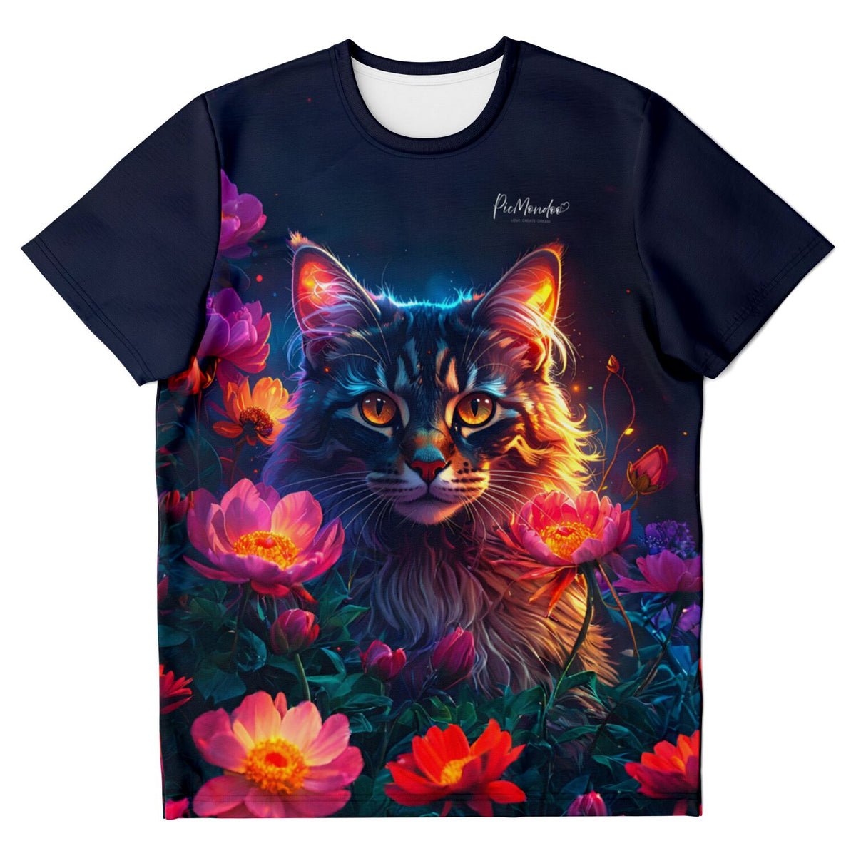 T-Shirt Hüterin der Nachtblüten mit leuchtender Katze im Blumengarten, ideal für Fans von Diamond Painting Motiven.