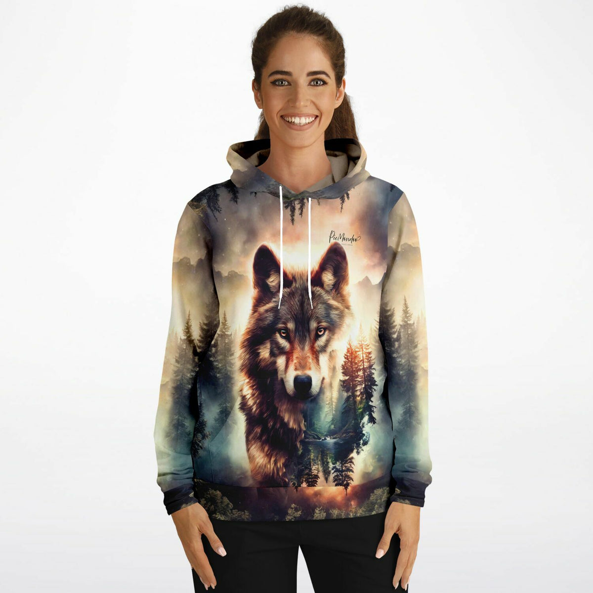 Frau trägt Hoodie mit Wolf-Motiv Geist des Waldes – passend zu Diamond Painting und Malen nach Zahlen Designs