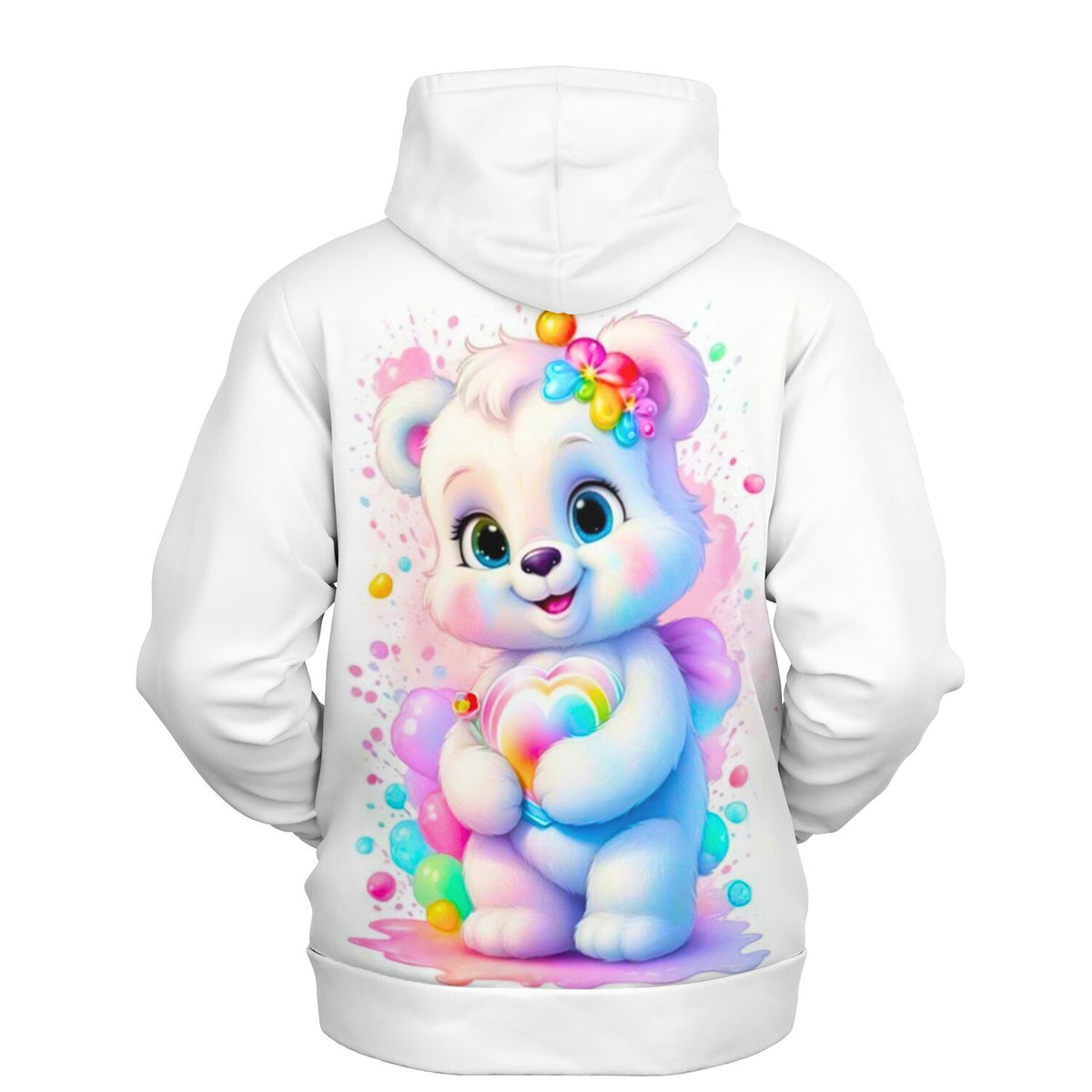 Weißer Kapuzenpullover mit Herzensbärchen Druck im Stil beliebter Diamond Painting oder Malen nach Zahlen Motive