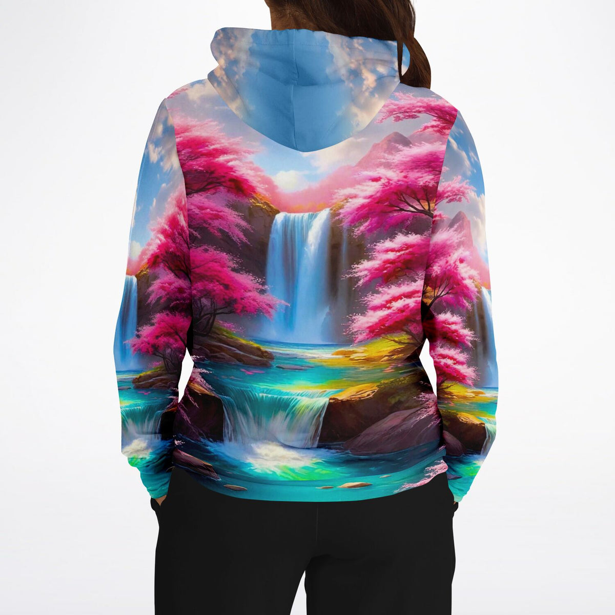 Dreamer Hoodie mit Kirschblüten am Wasserfall Motiv, stilistisch inspiriert von Malen nach Zahlen Kunstwerken