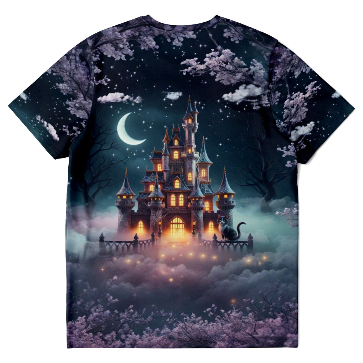 T-Shirt Motiv Nachtschloss mit Mond und Katze, inspiriert von Diamond Painting Ästhetik für Fans von DIY-Kunst.