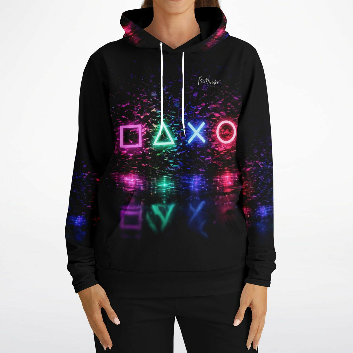 Schwarzer Hoodie mit leuchtendem Gaming-Design im Diamond Painting Stil, abstrakte Neon-Symbole und Kristalleffekt.