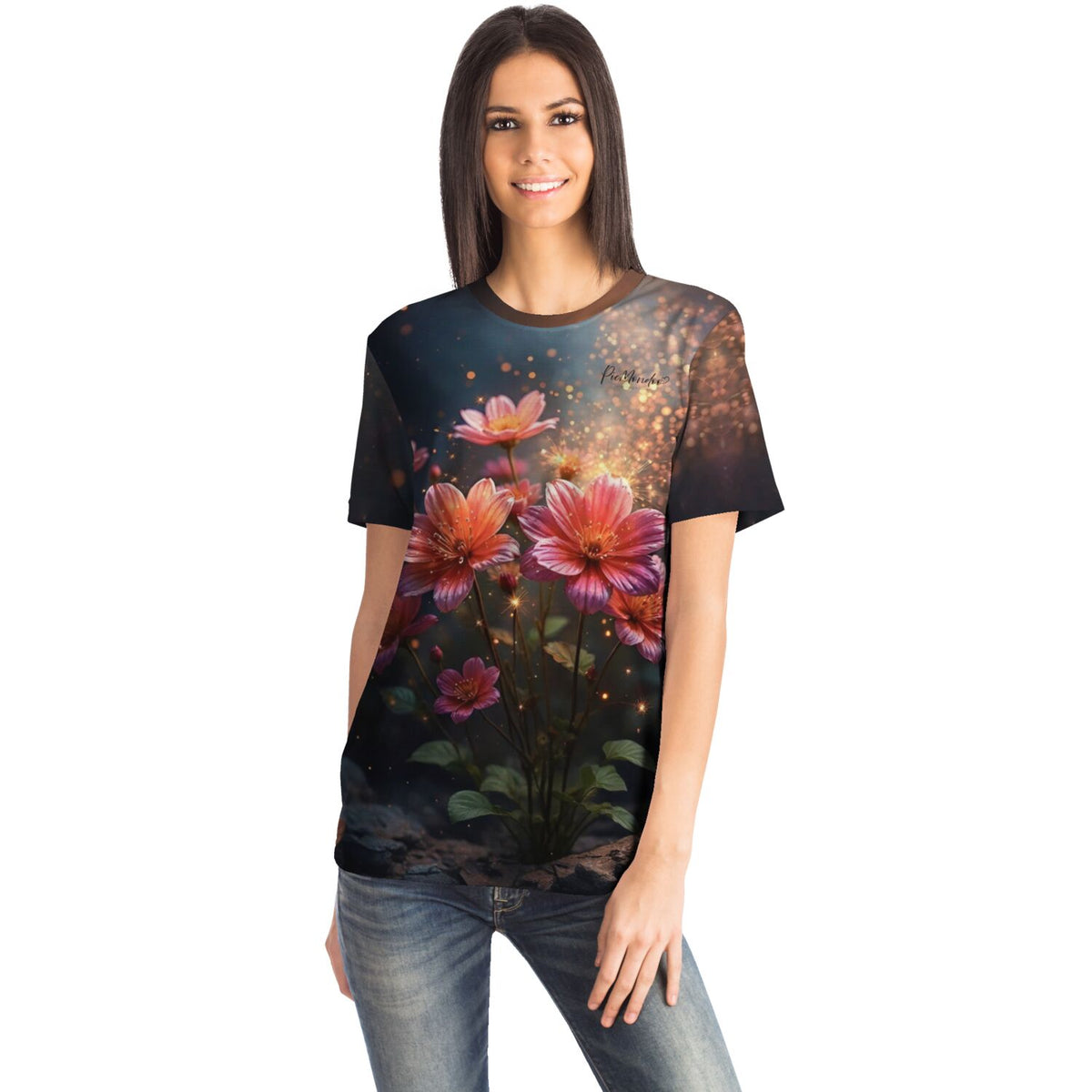 Frau trägt Dreamer T-Shirt mit leuchtendem Blumen-Motiv im Stil von Diamond Painting und Malen nach Zahlen Designs