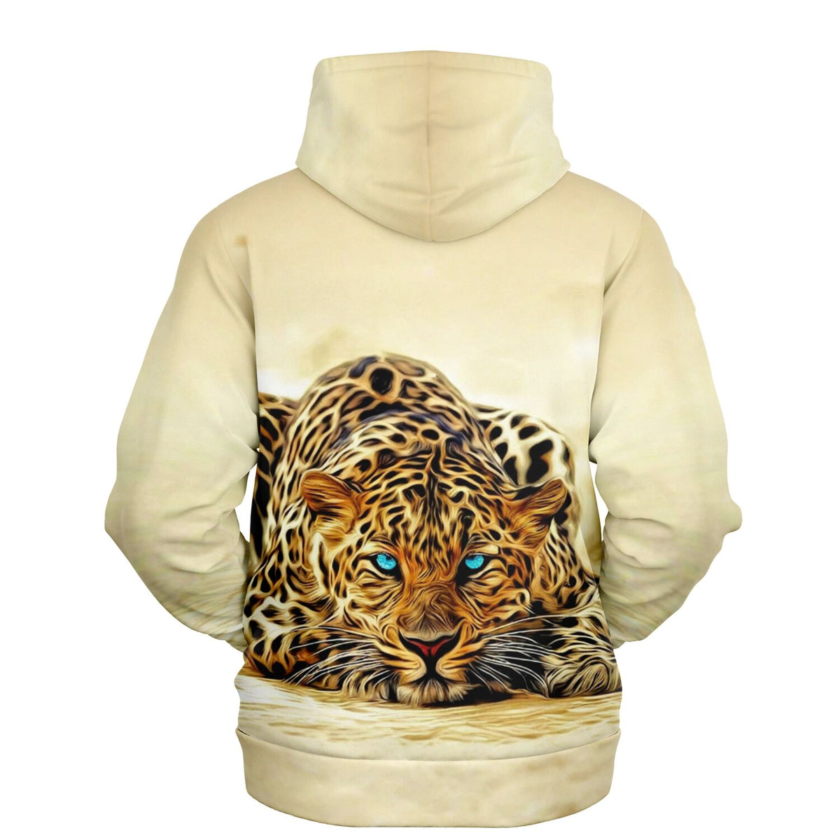 Beiger Dreamer Hoodie mit detailreichem Leoparden-Motiv und leuchtend blauen Augen im Stil unserer Diamond Painting Sets