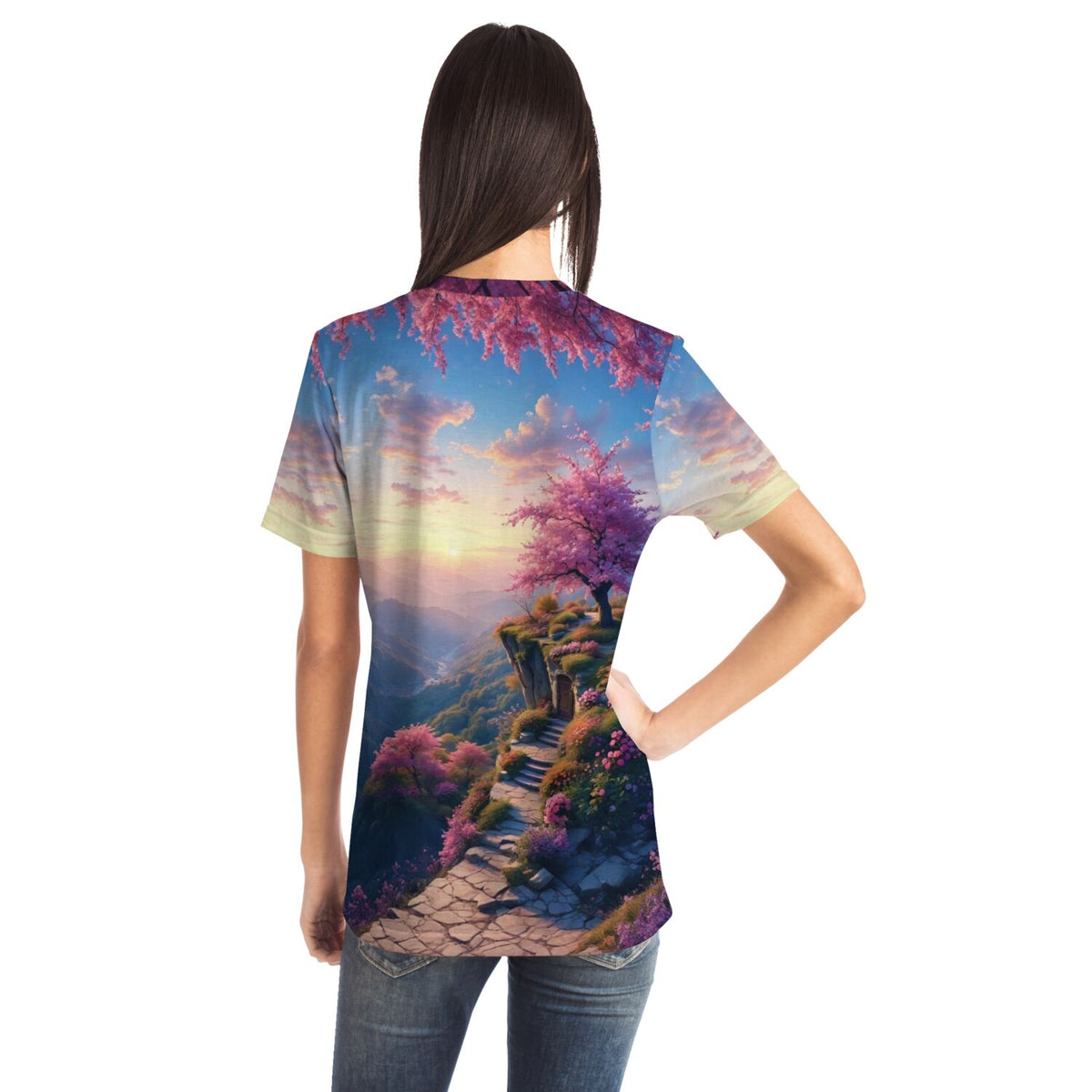 T-Shirt mit künstlerischem Motiv einer blühenden Kirschblüten-Landschaft bei Sonnenaufgang, ideal für Fans von Malen nach Zahlen