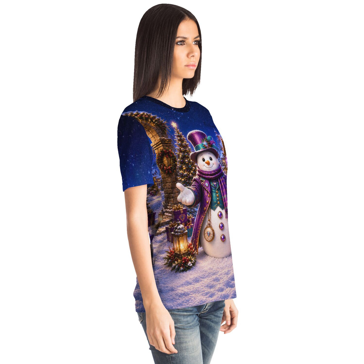 Damen T-Shirt mit weihnachtlichem Winterzauber Schneemann Motiv, inspiriert durch Diamond Painting und Malen nach Zahlen