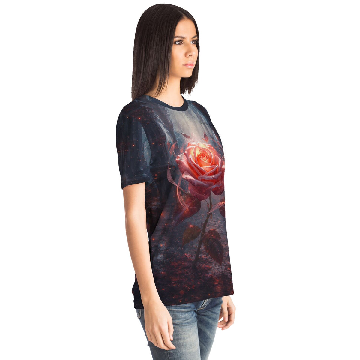 Frau trägt Dreamer T-Shirt mit Herzflamme-Motiv im Stil unserer Diamond Painting und Malen nach Zahlen Kunstwerke