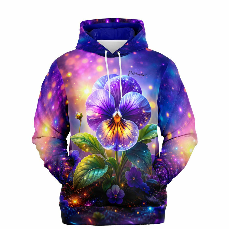 Dreamer Hoodie Sternenveilchen mit leuchtendem Stiefmütterchen-Motiv, inspiriert von Diamond Painting Kunstdesigns.