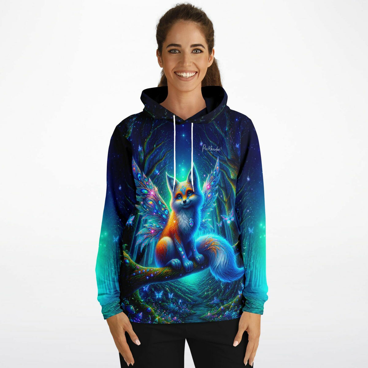 Frau trägt Dreamer Hoodie mit magischem Fuchs-Motiv, inspiriert durch Diamond Painting und Malen nach Zahlen Designs