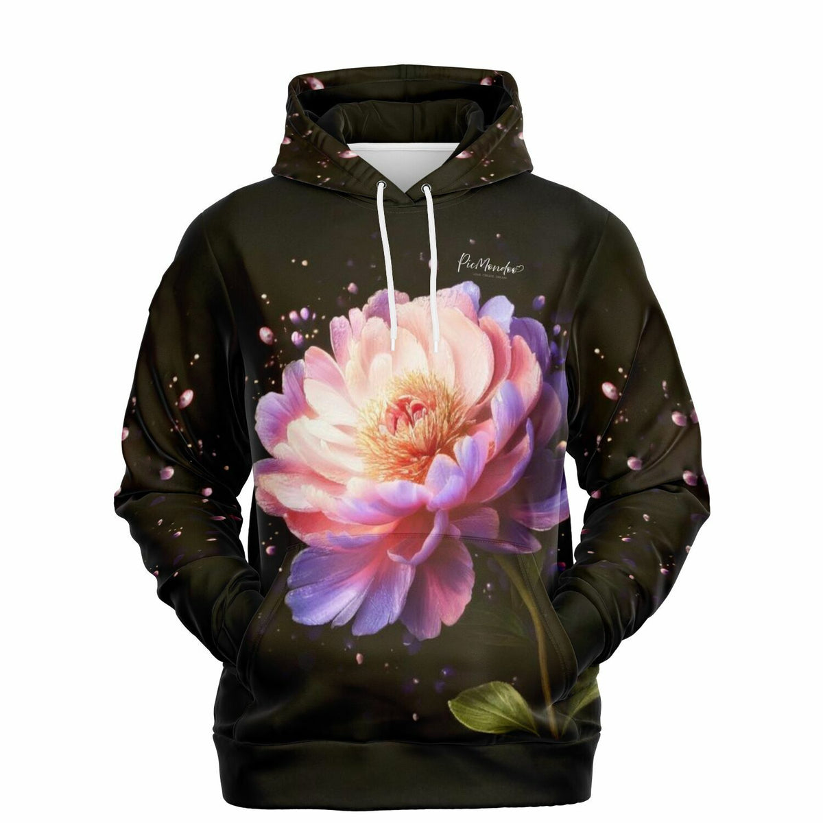 Schwarzer Dreamer Hoodie mit Pfingstrosen-Motiv, inspiriert von unseren beliebten Malen nach Zahlen und Diamond Painting Designs.
