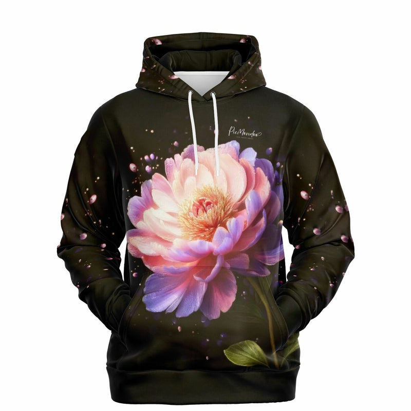 Schwarzer Dreamer Hoodie mit Pfingstrosen-Motiv, inspiriert von unseren beliebten Malen nach Zahlen und Diamond Painting Designs.