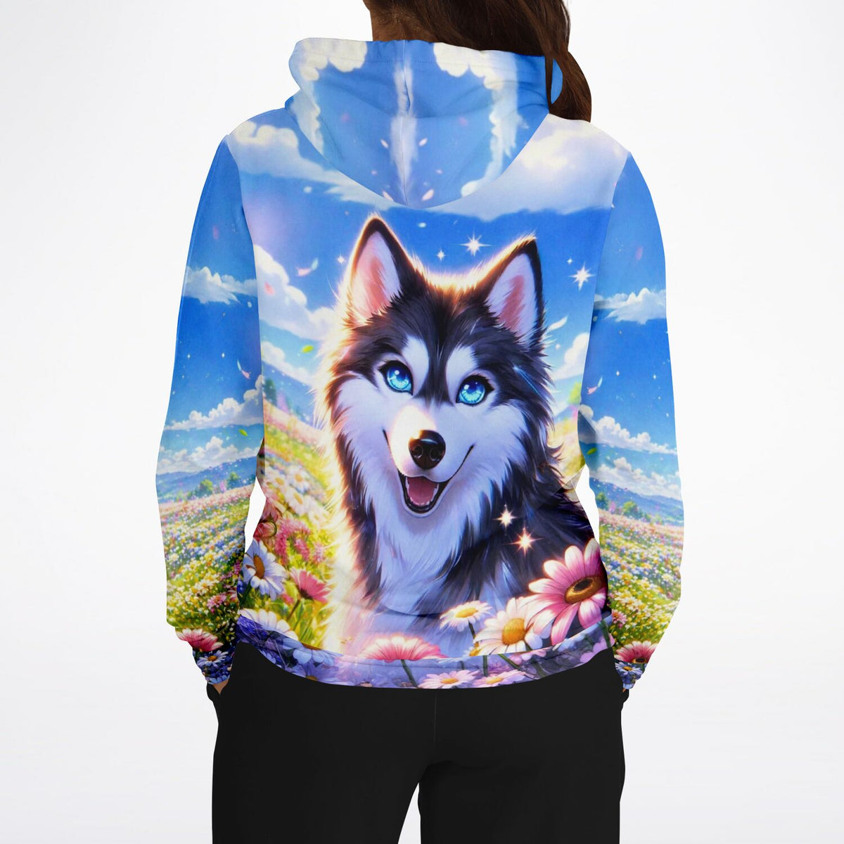Dreamer Hoodie mit Husky-Motiv auf Blumenwiese, passend zu künstlerischen Diamond Painting Designs für Tierliebhaber.
