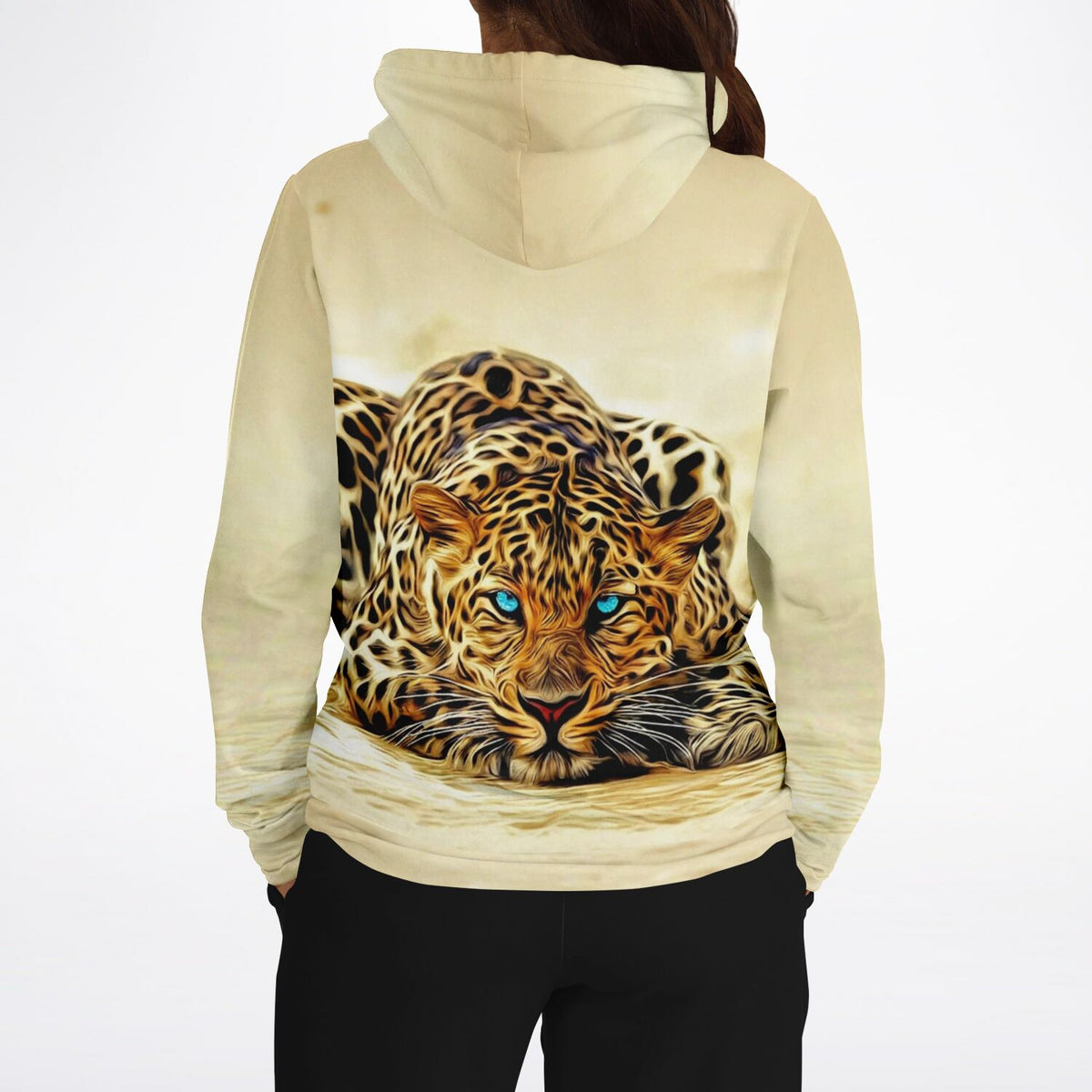 Hoodie für Erwachsene mit Leopard-Motiv und intensiven blauen Augen im künstlerischen Design
