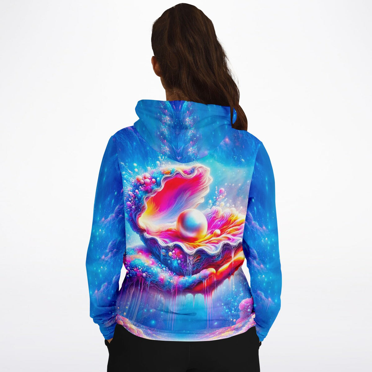 Dreamer Hoodie Zauber des Meeres mit leuchtender Muschel und Perle im bunten AOP-Design für Fans kreativer Kunst