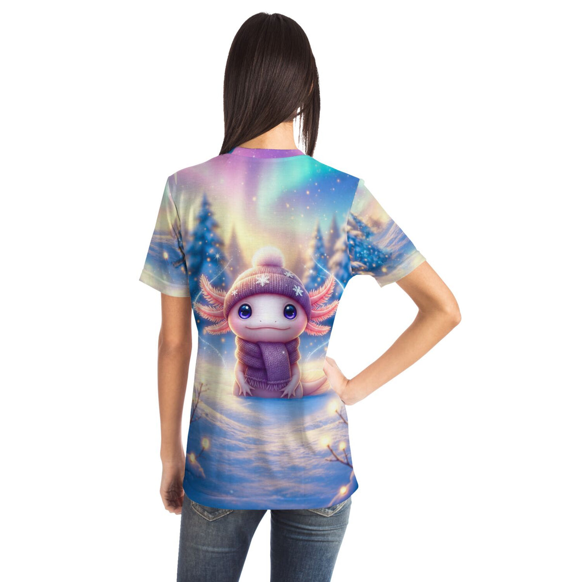 T-Shirt mit Axolotl-Print im Winterurlaub, Polarlichter und süßes Axolotl-Design in hochwertiger Druckqualität