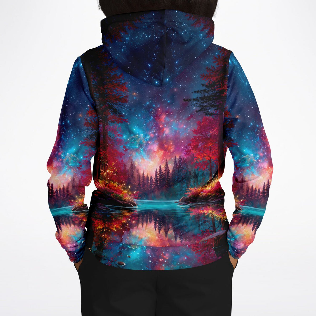 Dreamer Hoodie mit farbenfrohem Galaxie- und Waldmotiv im Stil kreativer Diamond Painting und Malen nach Zahlen Designs