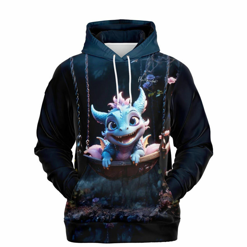 Dreamer Hoodie in Dunkelblau mit blauem Baby-Drachen Motiv, ideal für Fans von Diamond Painting und Fan-Art.