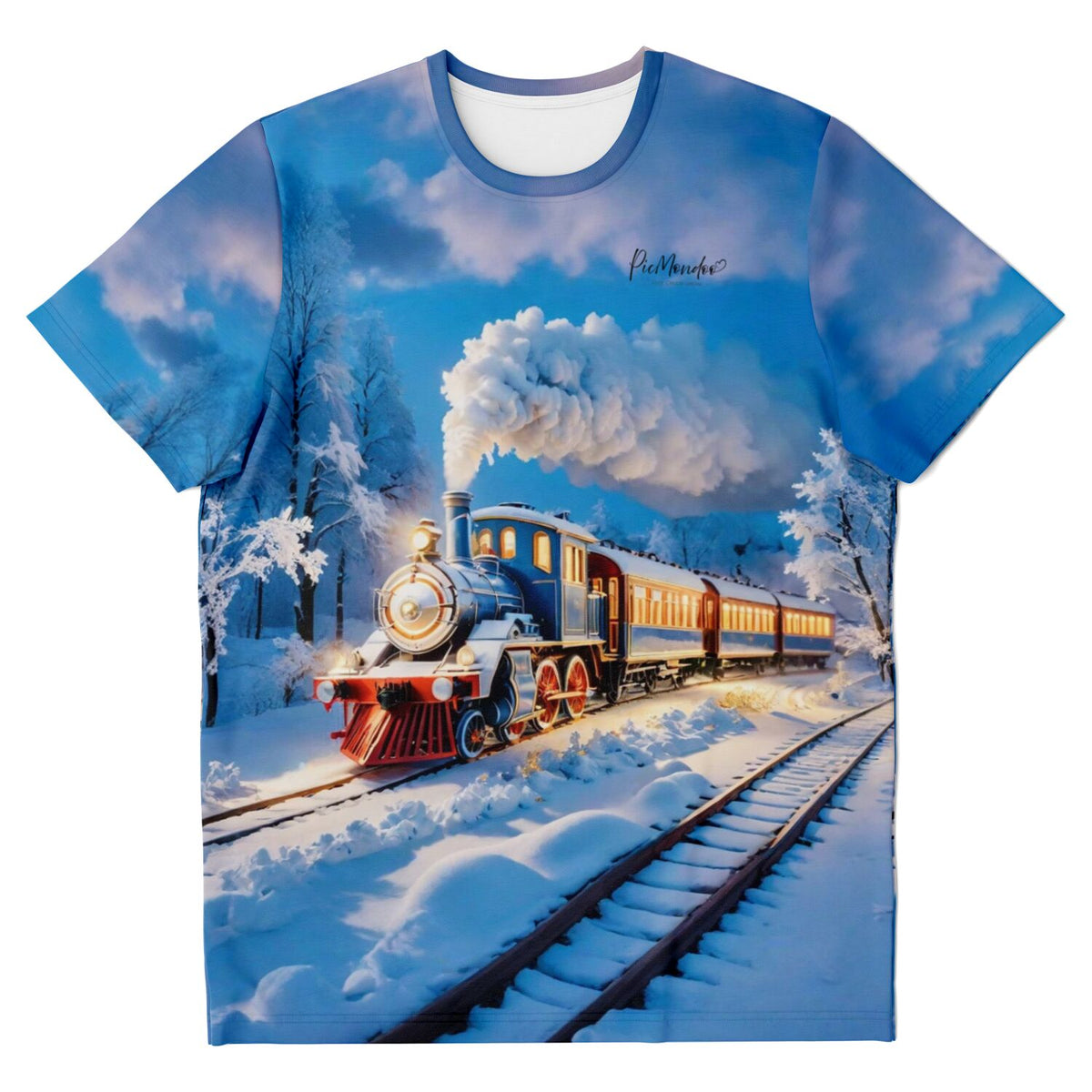 T-Shirt mit Night Train Motiv durch eine verschneite Winterlandschaft, inspiriert von Diamond Painting Kunstwerken