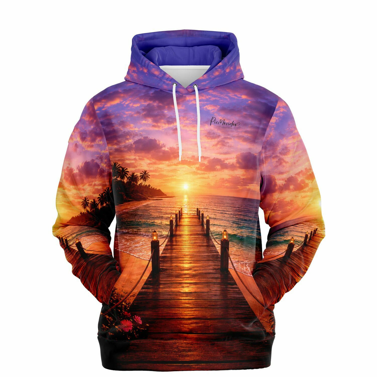 Dreamer Hoodie mit stimmungsvollem Sonnenuntergang am Steg, beliebtes Motiv inspiriert von Malen nach Zahlen & Diamond Painting
