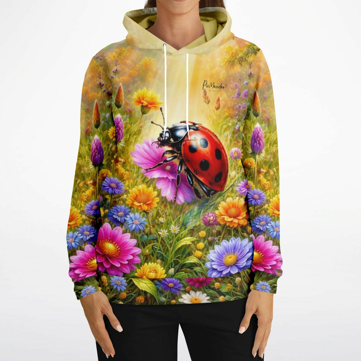 Dreamer Hoodie mit Marienkäfer-Motiv auf bunten Frühlingsblumen, inspiriert durch Diamond Painting und Malen nach Zahlen
