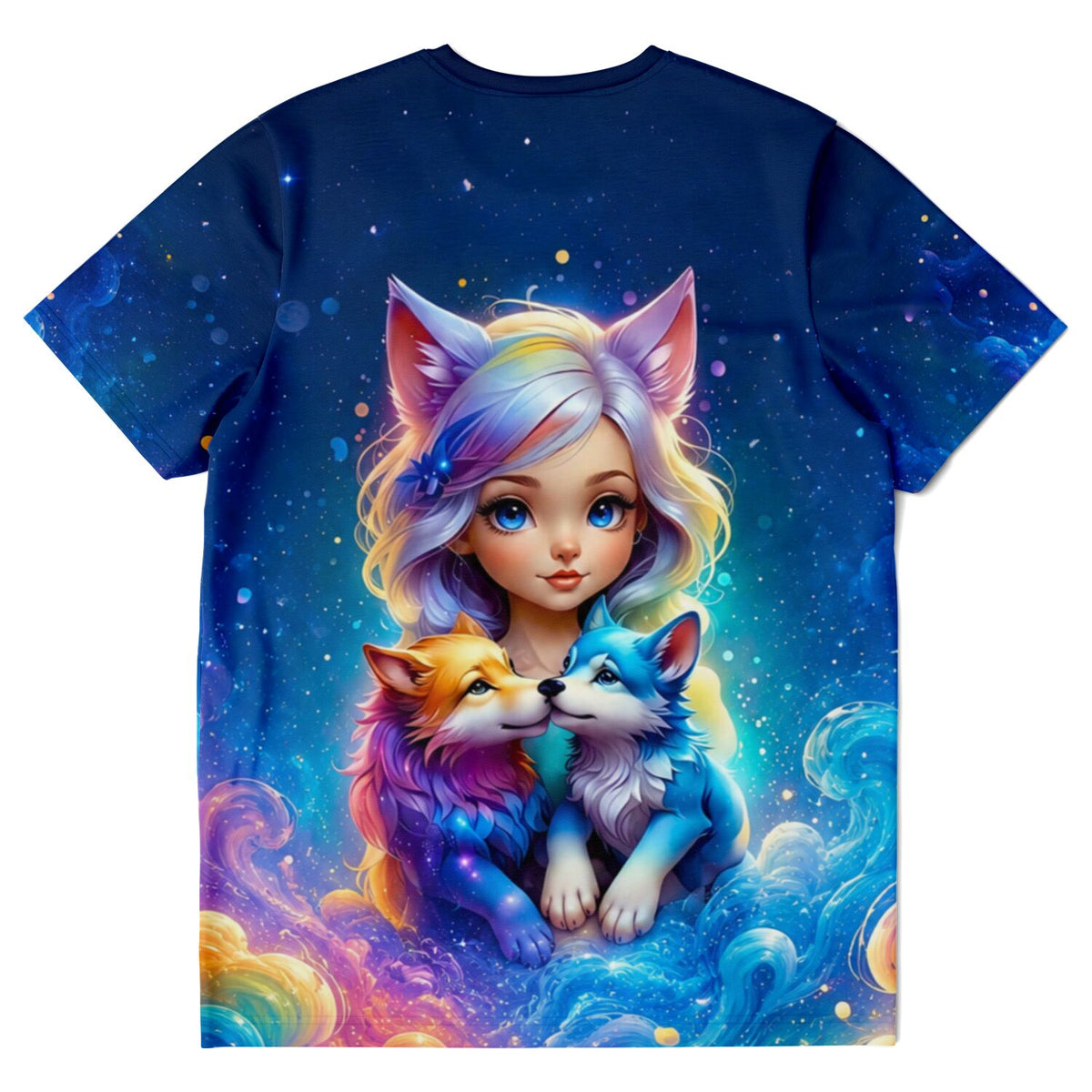 Dunkelblaues T-Shirt mit Wolfsmädchen Finja Motiv im Stil von Diamond Painting und Malen nach Zahlen Kunstwerken