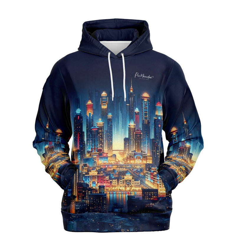Dreamer Hoodie Stadt der Lichter mit nächtlicher Skyline, passend für Fans von Diamond Painting und Kunstmotiven.