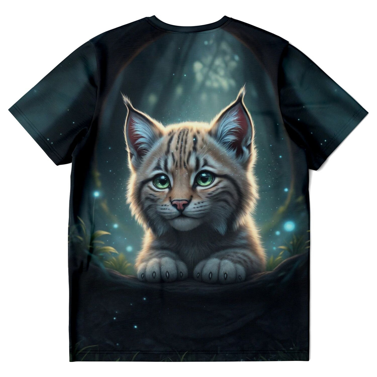 Schwarzes Dreamer T-Shirt mit Luchs-Motiv Seele des Waldes, das wie ein Diamond Painting oder Malen nach Zahlen wirkt.