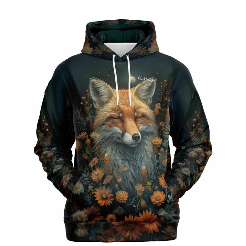 Dreamer Hoodie von Picmondoo mit Foxy Dreams Motiv: Ein schlafender Fuchs umgeben von bunten Blumen im Malen nach Zahlen Stil