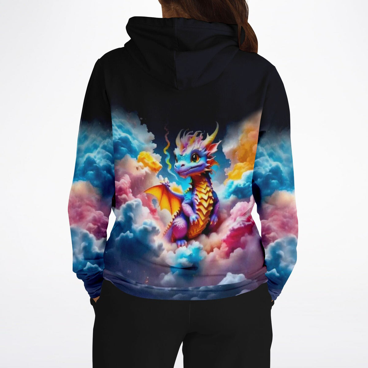 Hoodie mit buntem Baby Drachen Motiv in Wolken, inspiriert von Diamond Painting und Malen nach Zahlen Designs