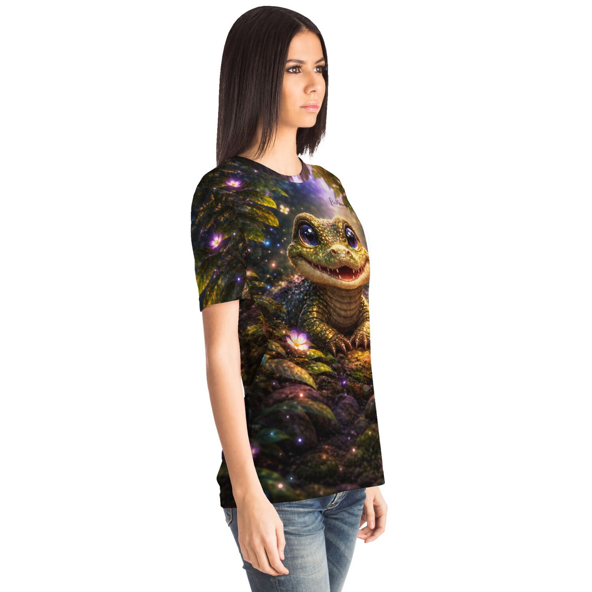 Frau trägt Dreamer T-Shirt mit Uraltes Lächeln Motiv im Stil von Diamond Painting und Malen nach Zahlen Kunst