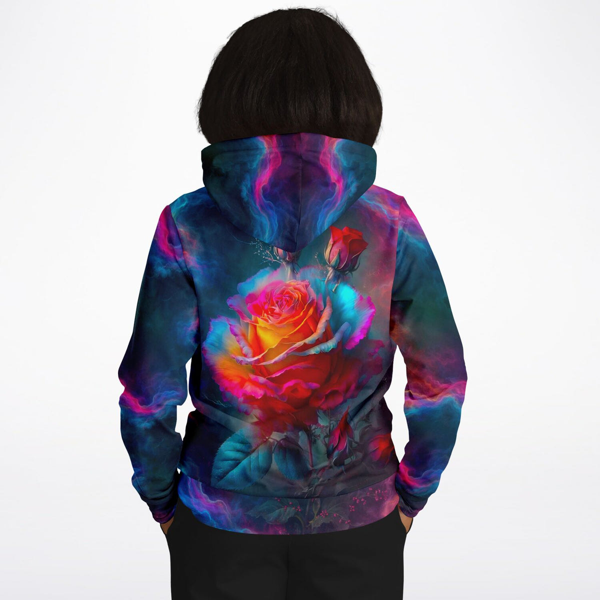 Dreamer Hoodie mit farbenfrohem Rosenblüten-Motiv in Galaxy-Optik und künstlerischem Design für Kunst- und DIY-Fans