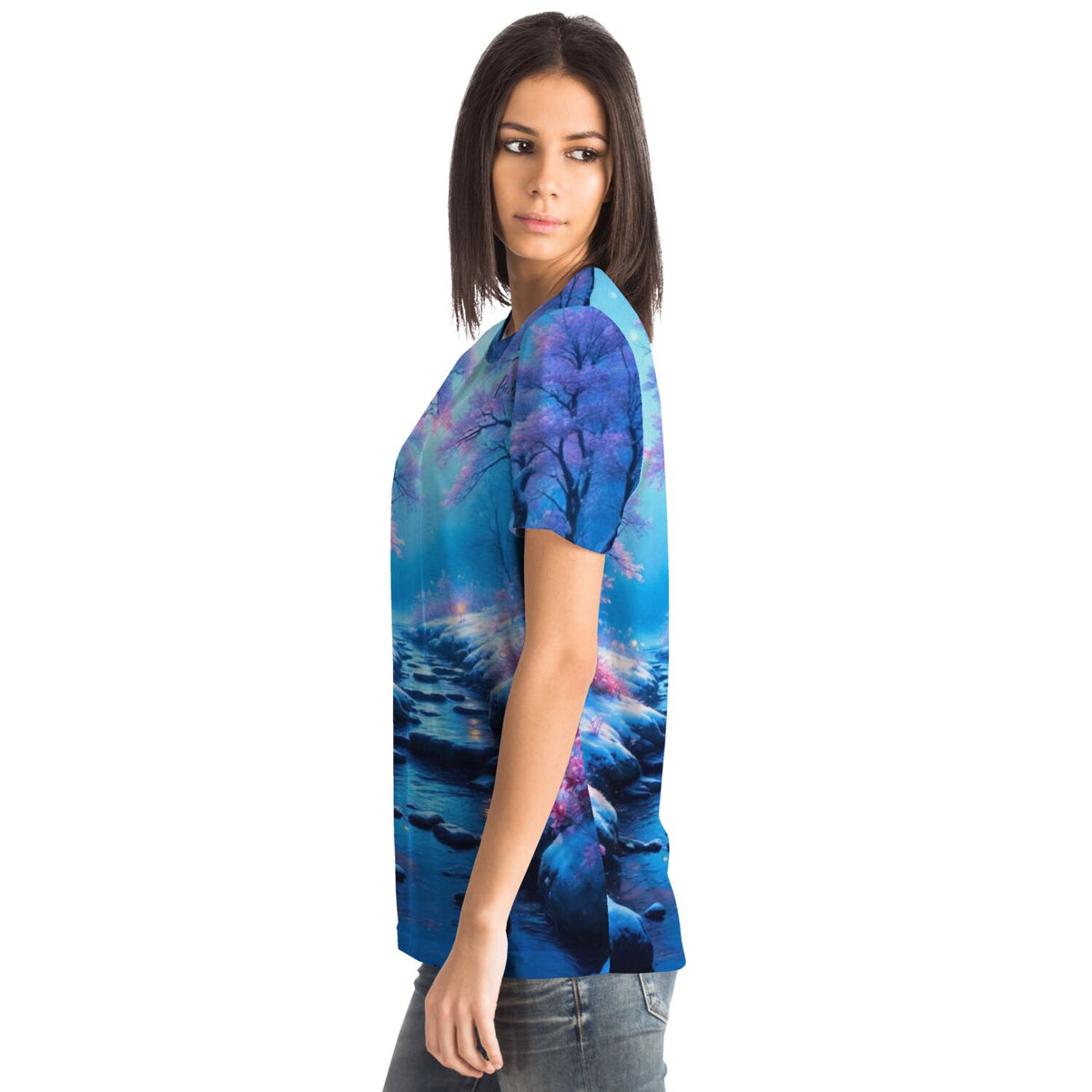 Dreamer T-Shirt mit Fluss der Träume Motiv, inspiriert von Malen nach Zahlen Kunst in strahlenden Blautönen