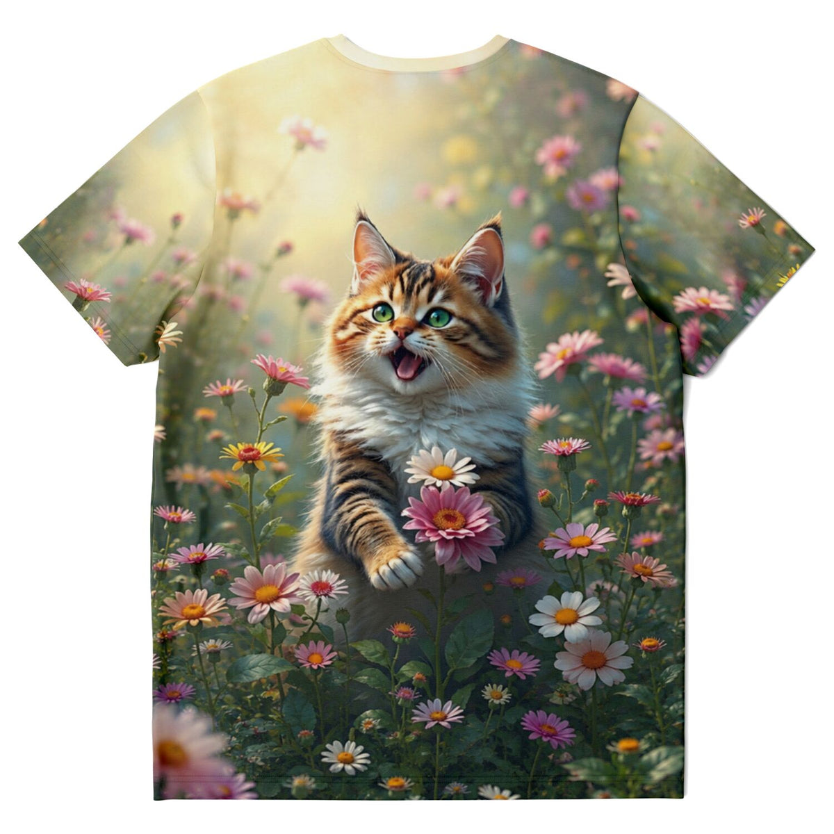 Dreamer T-Shirt Lucy: Verspielte Katze in bunter Blumenwiese, ideal für Fans von Malen nach Zahlen und Diamond Painting