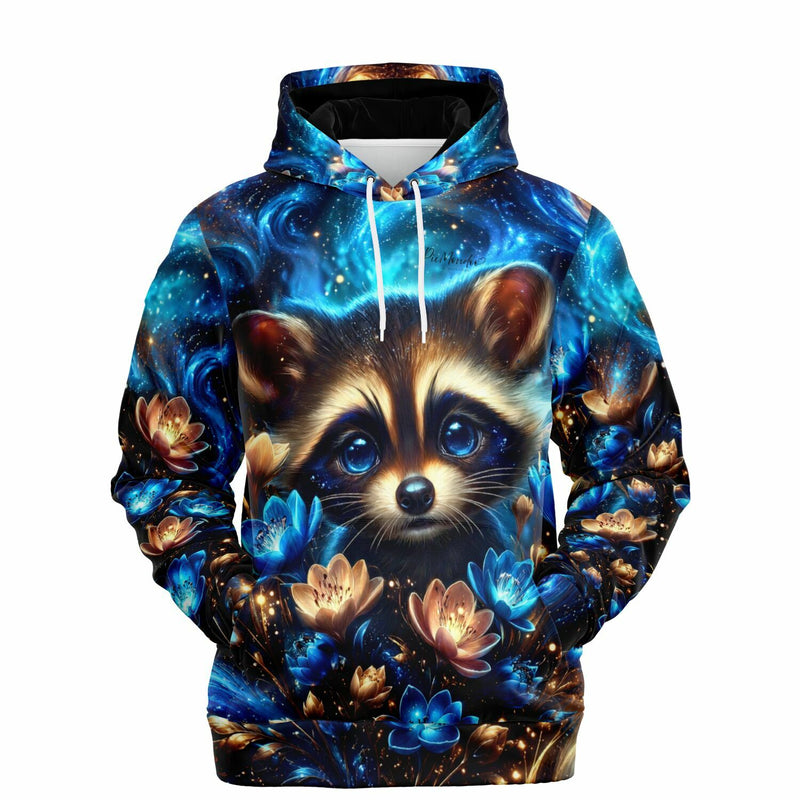 Dreamer Hoodie mit Waschbär-Motiv in blauem Sternen-Design, inspiriert von Diamond Painting und Malen nach Zahlen Stil.