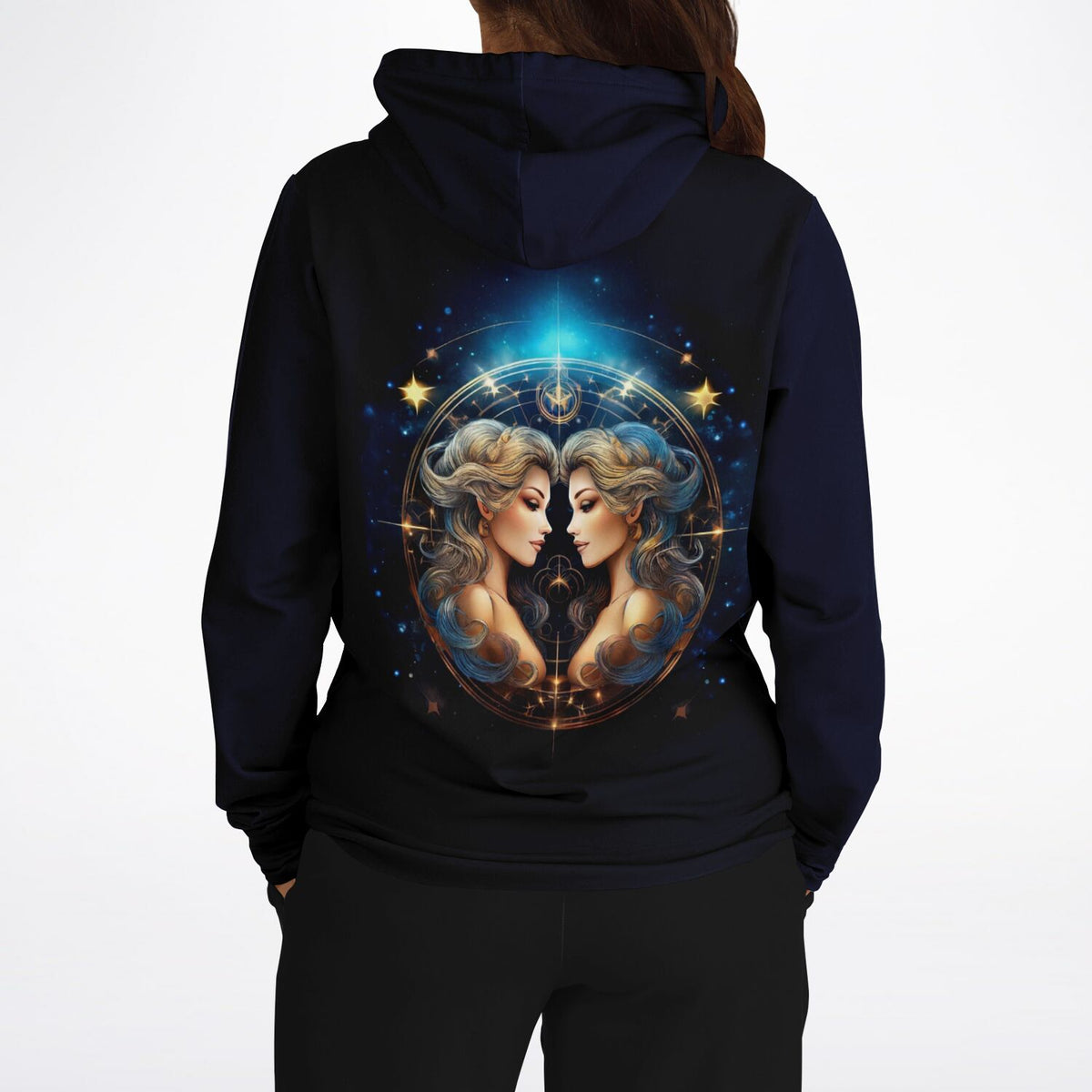 Schwarzer Dreamer Hoodie mit glänzendem Sternzeichen Zwilling Motiv als hochwertiger All-Over-Print