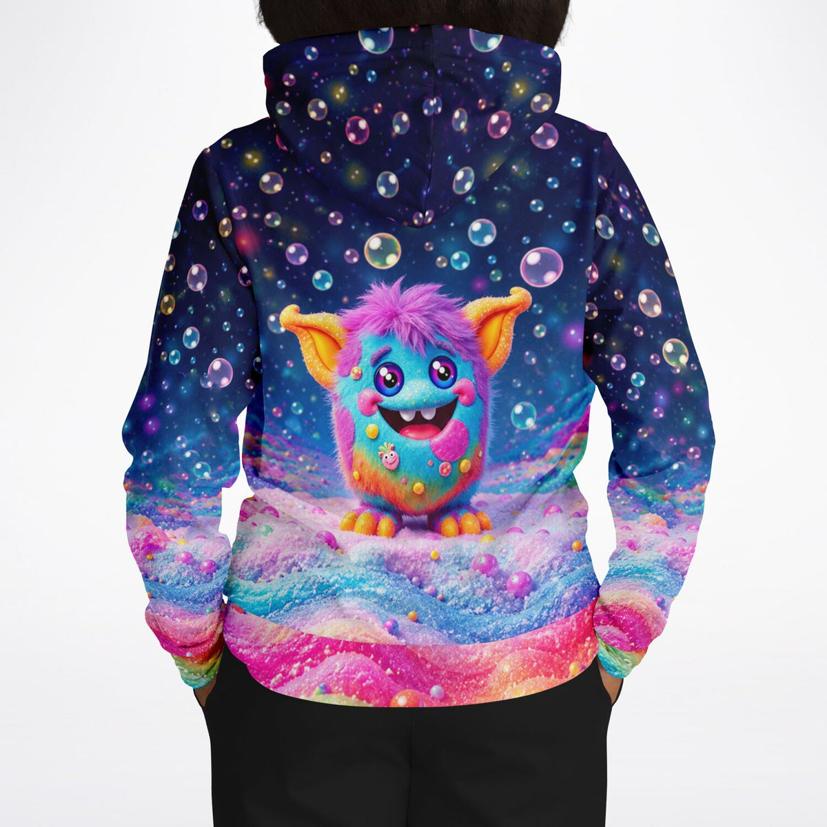 Dreamer Hoodie mit buntem Grinsebacke-Monster-Motiv, inspiriert von Diamond Painting und Malen nach Zahlen Designs.