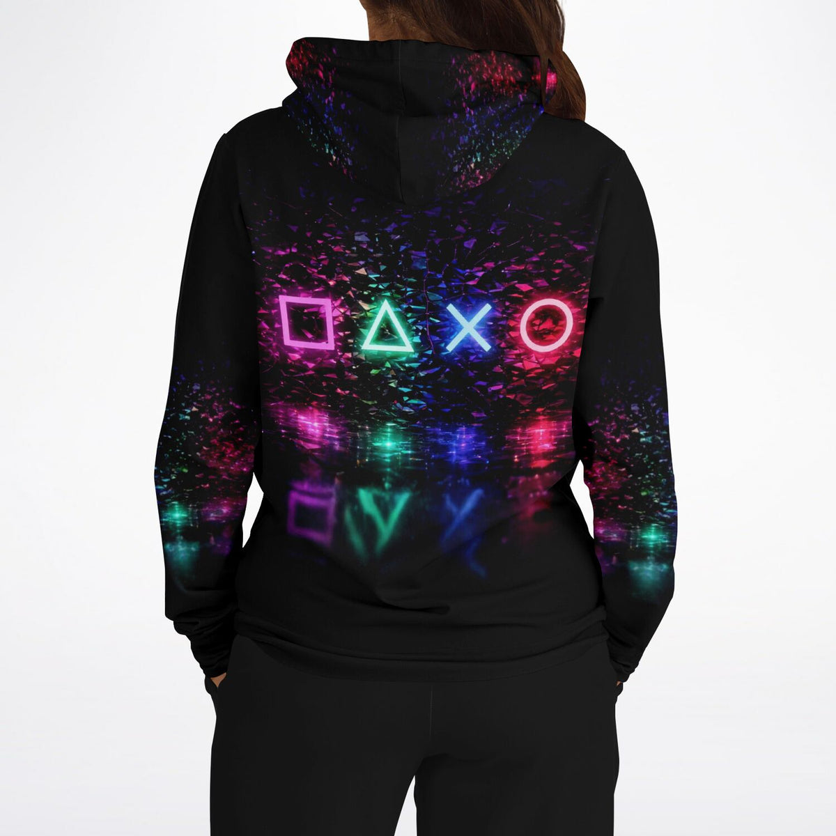 Schwarzer All-Over-Print Hoodie mit neonfarbenen Gaming-Symbolen und reflektierendem 3D-Effekt für Gamer
