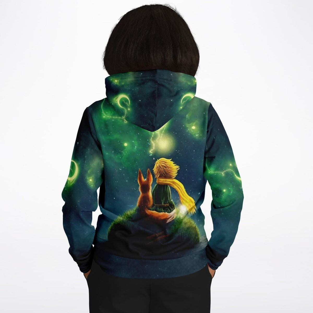 Dreamer Hoodie mit Leuchtbild-Motiv: Ein Junge und sein Fuchs unter einem grünen Sternenhimmel, ideal für DIY-Fans.