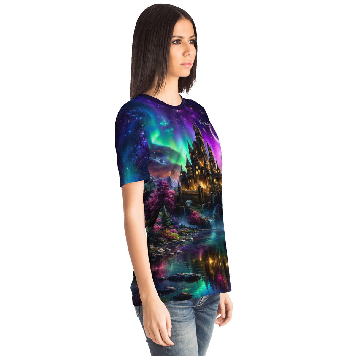 Dreamer T-Shirt mit Schloss-Motiv, inspiriert von Diamond Painting Kunst mit Nordlicht und magischer Naturlandschaft.