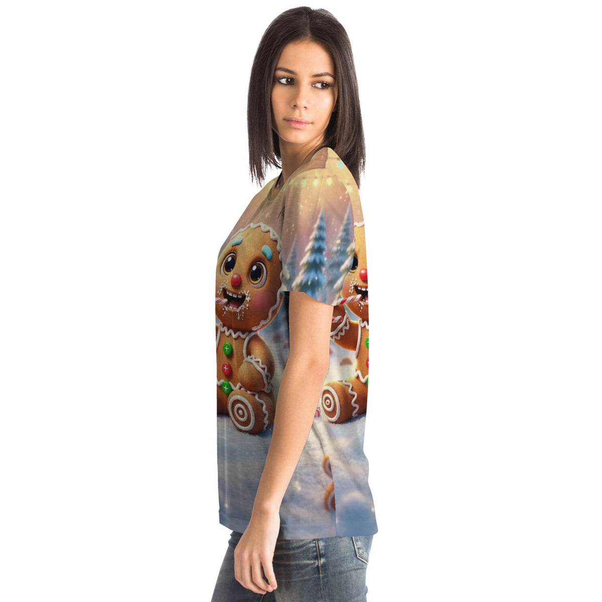 Frau trägt Dreamer T-Shirt mit weihnachtlichem Lebkuchenmann Motiv, ideal für Fans von Malen nach Zahlen und Kunst