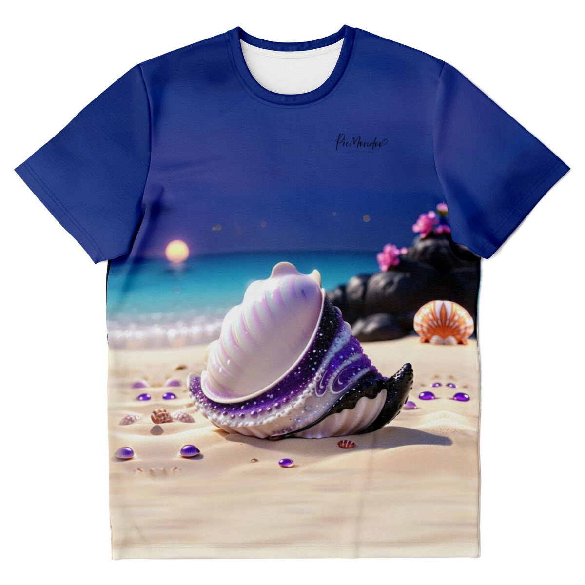 T-Shirt mit Muschel-Motiv in Violett vor Strand-Hintergrund, perfekt für Fans von Diamond Painting und Malen nach Zahlen