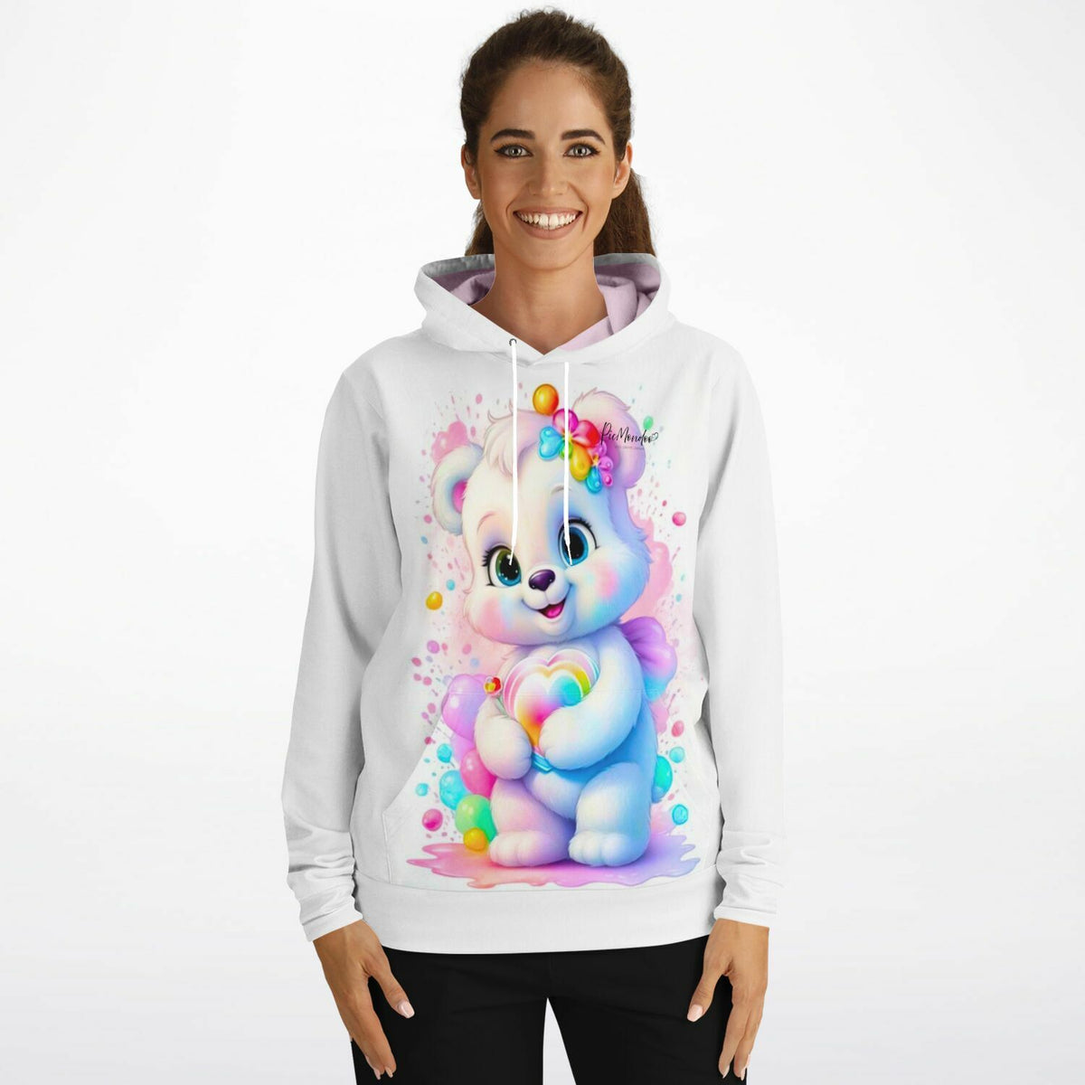 Weißer Kapuzenpullover mit buntem Herzensbärchen Print im beliebten Diamond Painting Stil für DIY-Fans