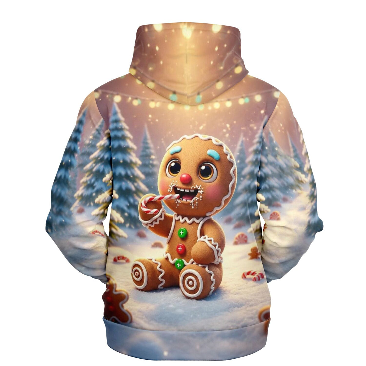 Dreamer Hoodie mit Lebkuchenmann Motiv, winterliche Schneelandschaft mit Tannenbäumen und Lichterkette für Weihnachtsfans