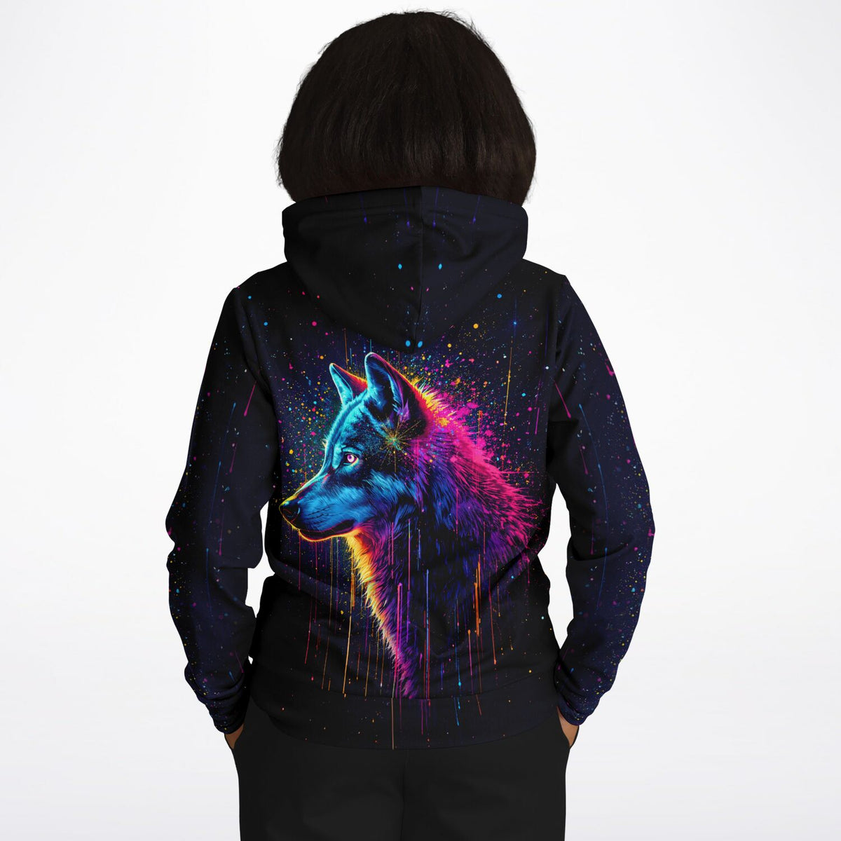 Schwarzer Dreamer Hoodie mit buntem Wolf-Motiv im Stil von Diamond Painting und Malen nach Zahlen Kunstwerken