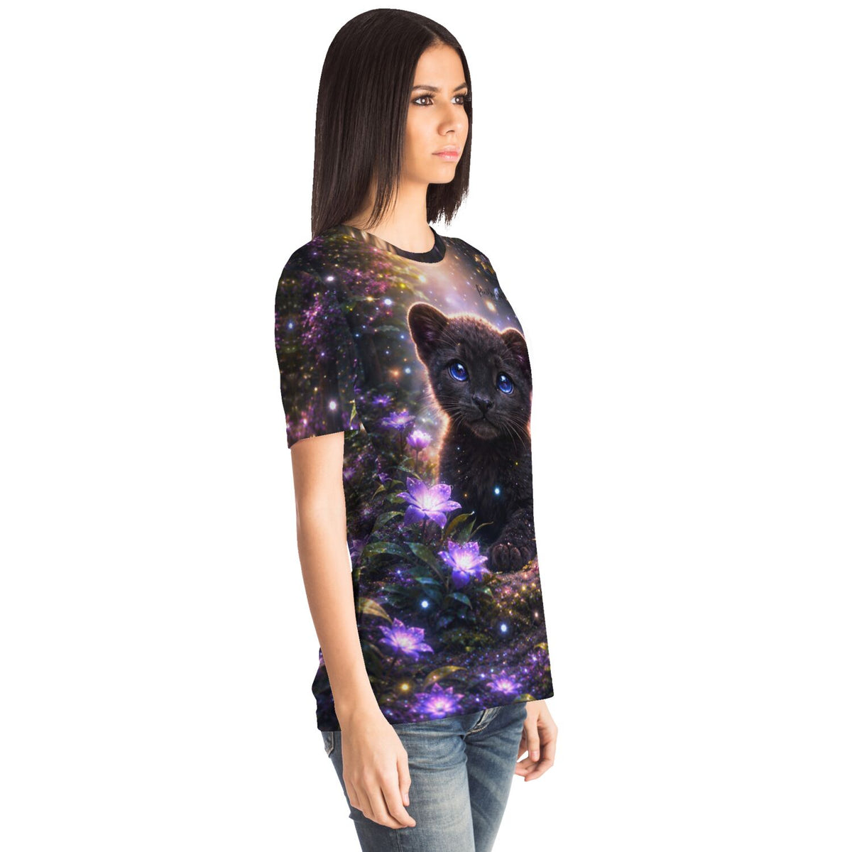 Dreamer T-Shirt mit schwarzem Pantherwelpen und leuchtenden Blumen, inspiriert durch Diamond Painting Motive