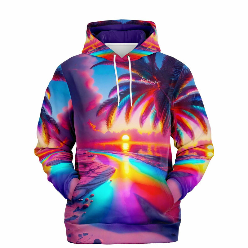 Dreamer Hoodie Zauberstrand mit farbenfrohem Tropen-Sonnenuntergang Design und Palmen-Motiv im All-Over-Print