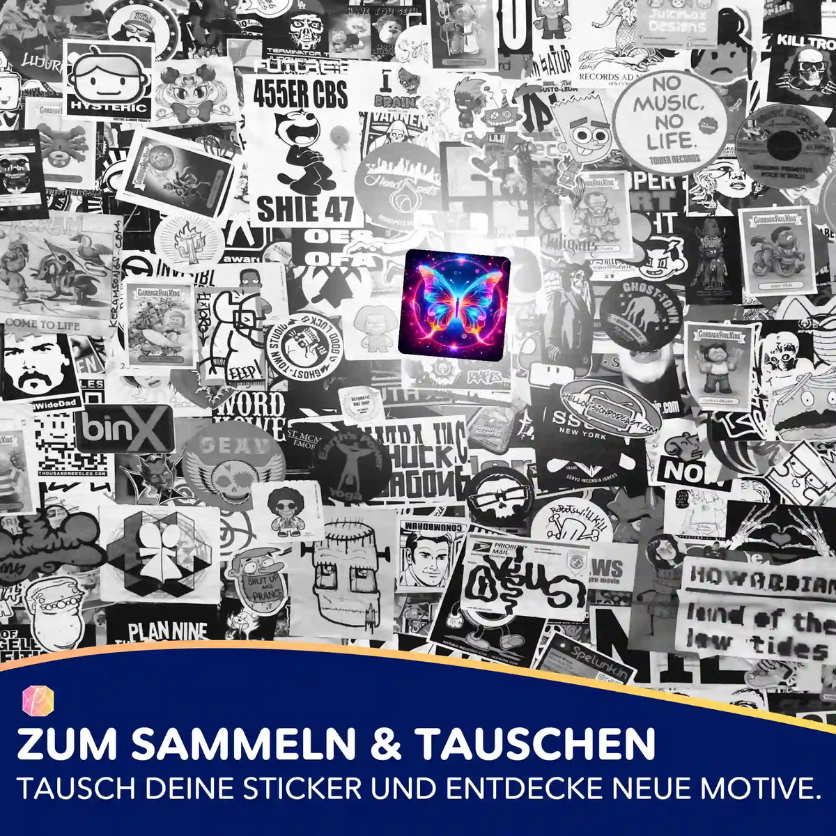 Buntes Circle of Butterfly Diamond Painting Sticker Set als Teil einer Collage auf schwarz-weißem Hintergrund